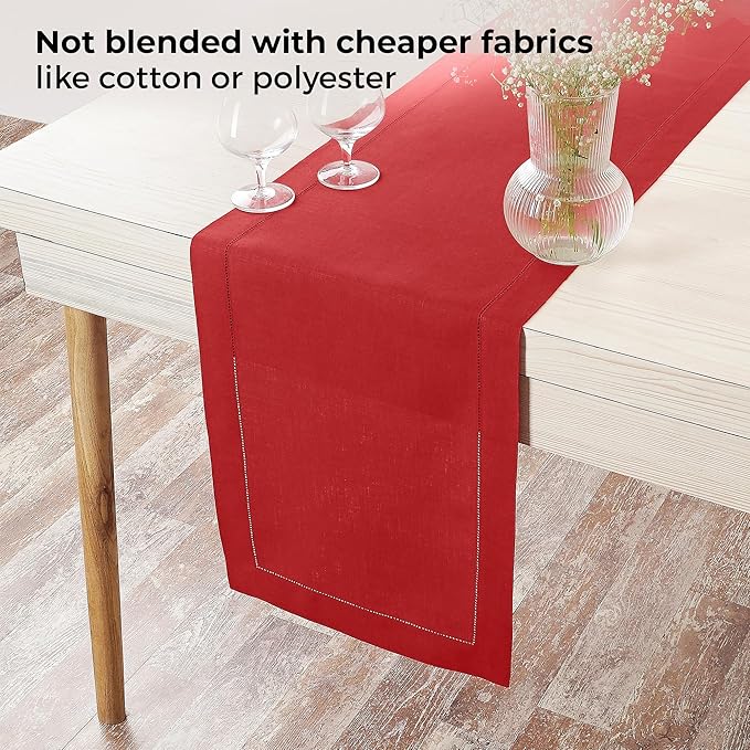 D'Moksha Homes Linen Bright Red Table Runner 60 Inches - Classic Hemstitch, 100% Pure Linen Coffee Table Runner 14 x 60 Inch Ideal for Dresser Tables, Valentines, Spring, Easter