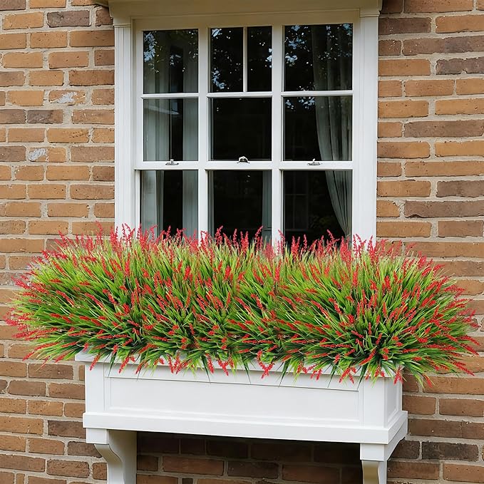 Ivydale Artificial Plants Fake Flowers Monkey Grass for Outdoors,UV Resistant Realistic 20PCS Red Faux Greenery Shrubs Outside Decor for Home Garland Porch Patio Balcony Planter Yard Office Pathway