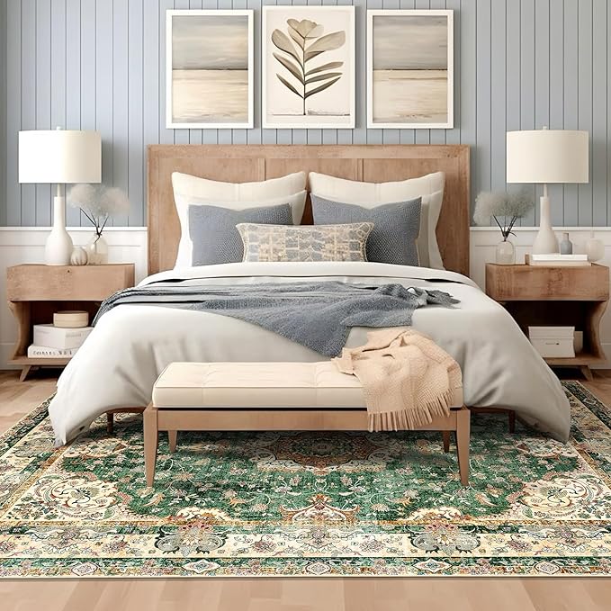 Green Rug 6'x9' Area Rugs,Boho Washable Rug for Living Room Bedroom Dining Room,Large Vintage Bohemian Distressed Oriental Carpet Non Slip,Retro Sage Floral