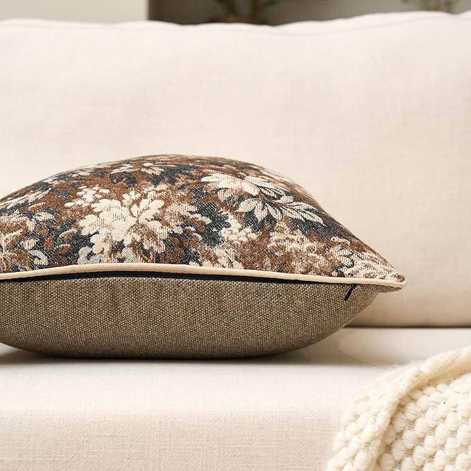 Yangest Neutral Floral Pillow Cover 20 x 20 Inches, Vintage Chenille Square Throw Pillow Cover Soft Decorative Farmhouse Accent Couch Pillow Cover for Living Room Bedroom, Coffee Brown