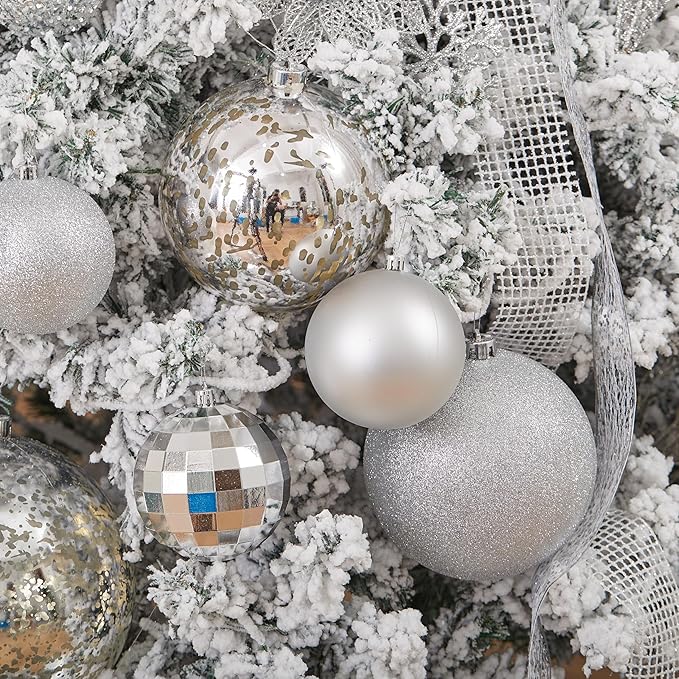 XmasExp Large Christmas Ball Ornaments,4pcs Silver Giant Shatterproof Plastic Hanging Mercury Xmas Ball Decorations Christmas Tree Ornaments (Silver, 4")