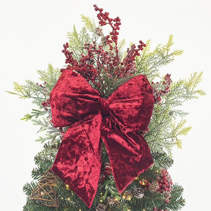 KI Store Burgundy Large Plush Velvet Bows Set of 2 12-Inch Christmas Bow Tree Topper for Christmas Tree Decoration Door Window Decor