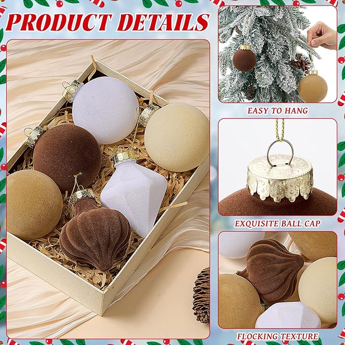Syhood 40 Pcs Velvet Christmas Ornaments Set 3.15'' Flocked Christmas Tree Ball Ornaments Bulk Shatterproof Plastic Assorted Xmas Tree Decorations Cream Velvet Ball for Holiday Decor(Beige)