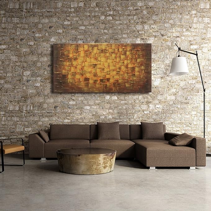 MyArton Textured Abstract Squares Canvas Wall Art Hand Painted Modern Golden Yellow Oil Painting for Decoration Ready to Hang 48x24inch