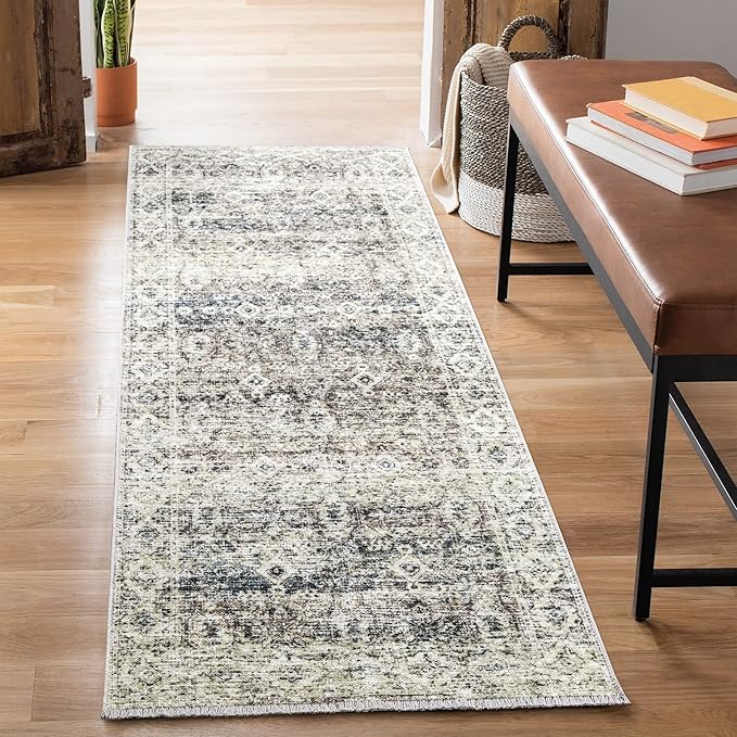 Bloom Rugs Caria Washable Non-Slip 12 ft Runner - Beige Brown/Teal Traditional Runner for Entryway, Hallway, Bathroom, and Kitchen - Exact Size: 2'6" x 12'