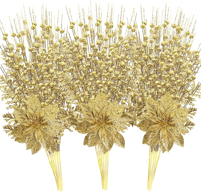 18 Pack Christmas Tree Ornaments Set, 17.5 Inch Gold Fake Christmas Picks Decorations with 2 Styles, Artificial Glitter Berry Stem Ornaments for Christmas Tree Wedding Small Vase Wreath Decor
