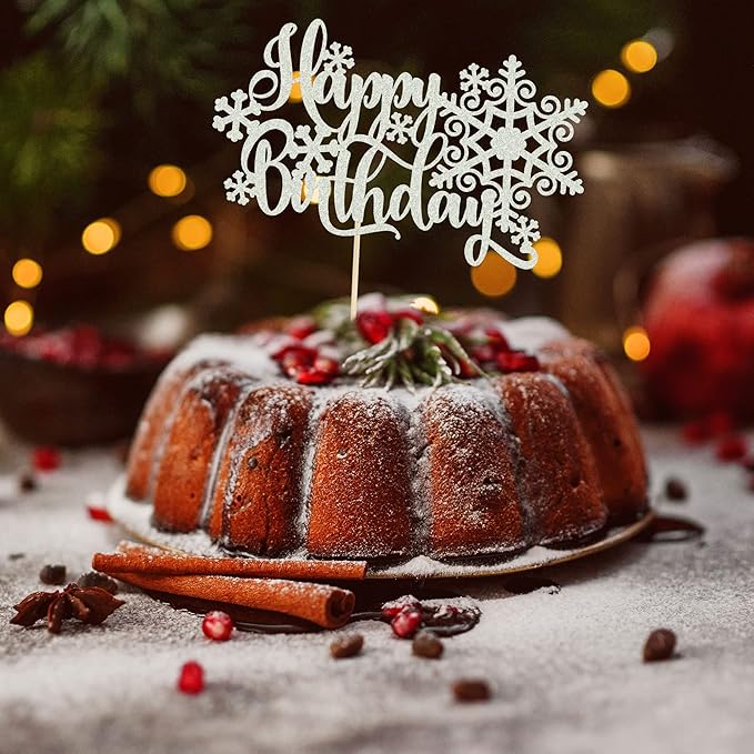 Gyufise 1 Pack Snowflake Happy Birthday Cake Topper Silver Glitter Winter Snowflake Cake Picks Decorations for Winter Snowflake Theme Baby Shower Kids Birthday Party Supplies