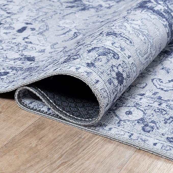 Bloom Rugs Washable Non-Slip 7 ft Runner - Gray/Blue Traditional Medallion Runner for Entryway, Hallway, Bathroom, and Kitchen - Exact Size: 2.5' x 7'
