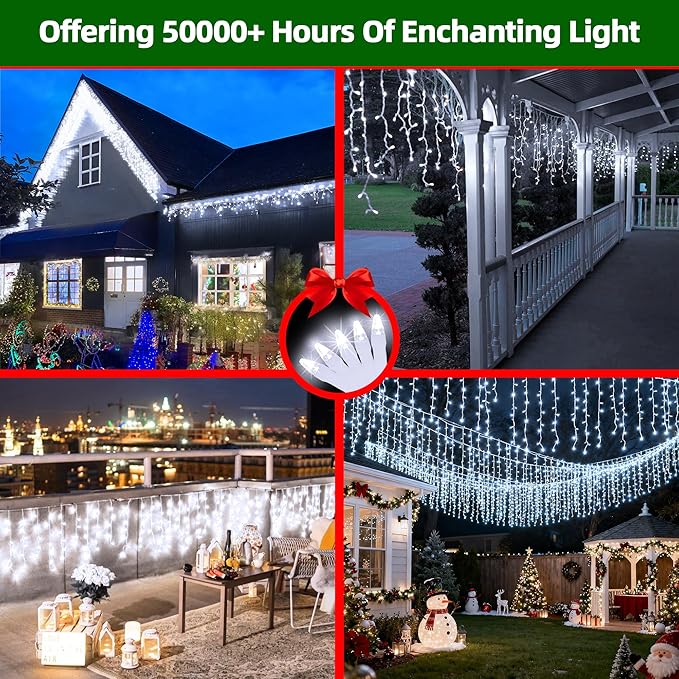 612 LED Christmas Lights with 136 Drops, 60ft 12 Modes Hanging ice String Lights with Timer & Dimmable & Waterproof, Plug-in Fairy Lights for Tree Holiday Wedding Party Christmas Decor Cool White