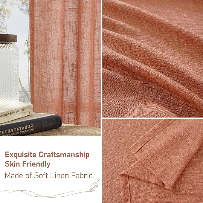 LAMIT Terracotta Linen Curtains for Small Windows 45 inch, Light Filtering Panels Back Tab and Rod Pocket Fall Decor Drapes for Cafe/Bathroom/Loft Room, 2 Panels, 34 x 45 Inch