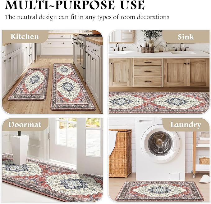 Boho Kitchen Mats for Floor 2 Piece Set Anti Fatigue Cushioned PVC Kitchen Rugs Non Slip Waterproof Farmhouse Mats 2/5 Inch Comfort Standing Mat for Sink, Laundry, 17.3"x59"+17.3"x28", Taupe Red