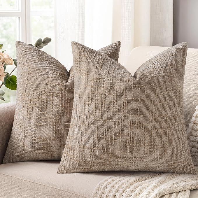 decorUhome Fall Oatmeal Chenille Throw Pillow Covers 16x16 Set of 2 Thick Textured Slubby Couch Pillow Covers Farmhouse Accent Modern Neutral Decorative Pillow Cases for Bed Sofa Living Room