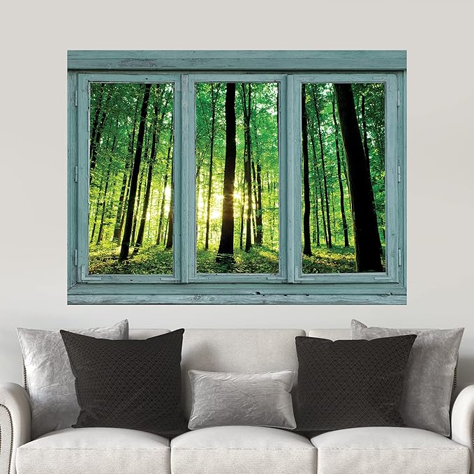 wall26 - Vintage Teal Window Looking Out Into a Greenery Forest - Wall Mural, Removable Sticker, Home Decor - 36x48 inches