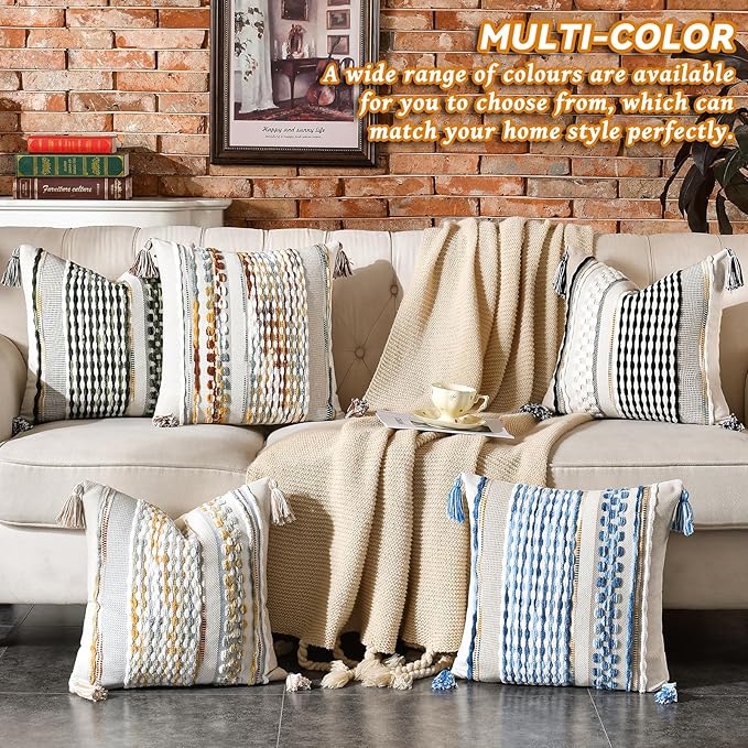 AmHoo Set of 2 Chenille Striped Textured Boho Throw Pillow Covers Aesthetic with Tassels Woven Decorative Pillow Case for Couch Bed Sofa Bedroom Modern Funky 18 x 18-Inch Brown