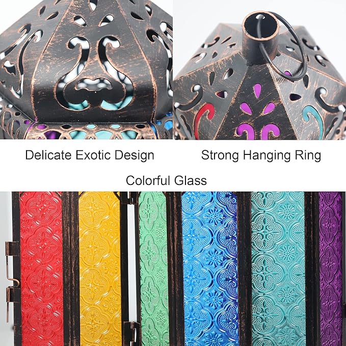 DECORKEY Ramadan Decorations, Candle Lanterns Decorative Indoor & Outdoor, 14.4'' Vintage Moroccan Hanging Lantern with 6 Colors Glass, Metal Candle Holder for Home Front Porch Patio Decor