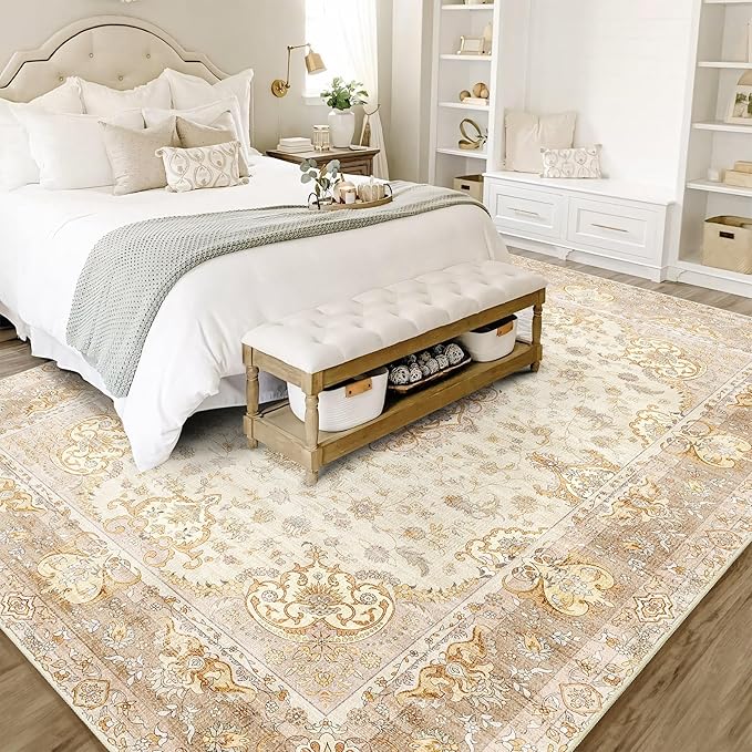 8'x10' Area Rugs Washable,Boho Rug for Living Room Bedroom Dining Room,Large Vintage Bohemian Distressed Oriental Carpet Non Slip,Beige Gold Floral