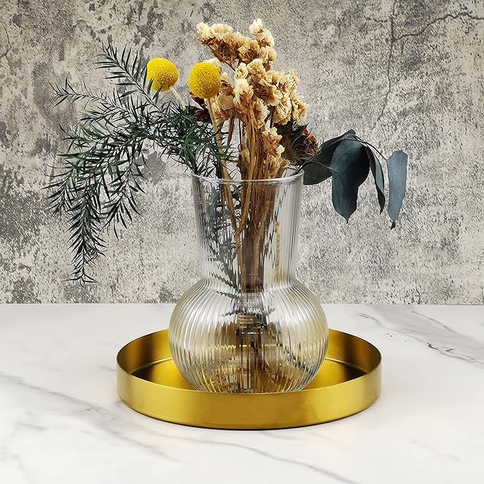 Freelove Round Serving Tray, Perfume Organizer Candle Organization Centerpieces for Dinning Preppy Room Decor Coffee Table Desk Vanity Countertop Bathroom Storage Accessories, Brass Gold, 8 inch