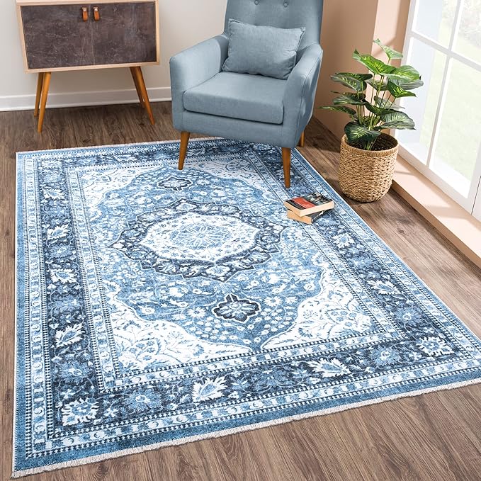 Bloom Rugs Caria Washable Non-Slip 4x6 Rug - Blue Traditional Area Rug for Living Room, Bedroom, Dining Room, and Kitchen - Exact Size: 4' x 6'