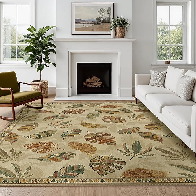 GENIMO 8x10 Area Rugs for Living Room, Machine Washable Non Slip Vintage Retro Rugs, Low Pile Soft Chenille Print Rug for Bedroom, Dining Room, Home Office, Leafy Daylight