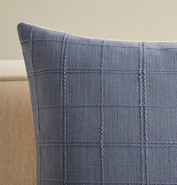 ZeeMart Linen Checked Throw Pillow Covers Set of 2, 18x18 Inch Blue/Cream, Farmhouse Decorative Single Sided Grid Embroidered Couch Pillow Cases Dusty Blue Cotton Linen Cushion Covers