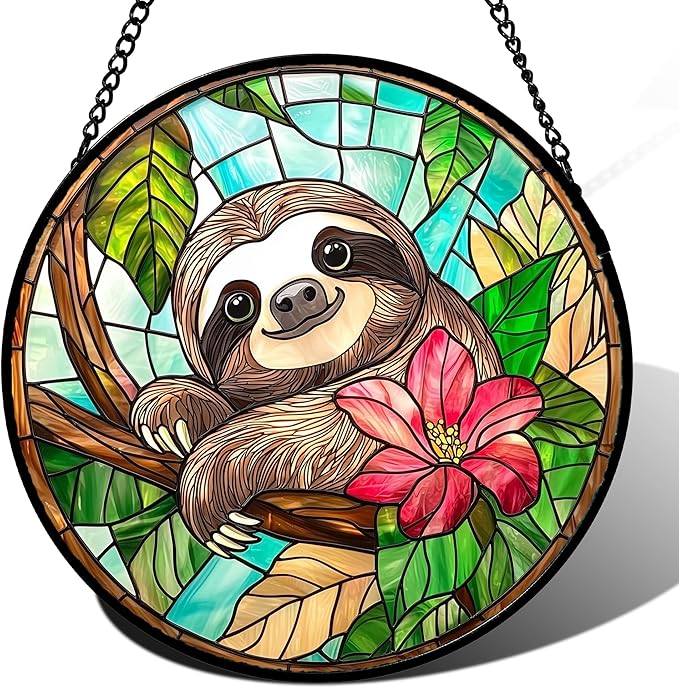 Stained Glass Window Hanging, Cute Sloth Sun Catcher for Door Home Decor Animal Suncatcher Christmas Mother's Day Birthday Gifts for Women Men Mom and Nana 11.8 in