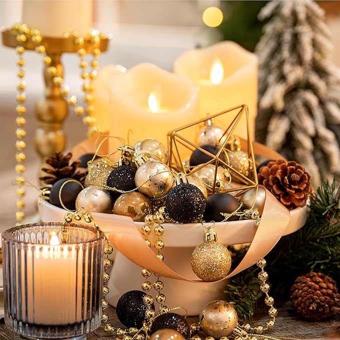 DecorbyHannah Mini Black Gold Christmas Ornaments, 49ct 1.18 inches Small Ornaments for Christmas Tree Decorations, Shatterproof Plastic Hanging Ball Bulk Set for Luxury Xmas Holiday Table Decor