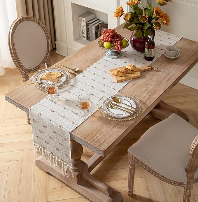 Caflife Boho Table Runner 90 Inchs Long for Modern Farmhouse Room Home Decor, Taupe and Beige Coffee Table Runner, Natural Cotton Woven with Tassels Neutral, for Kitchen Dining Table Decor