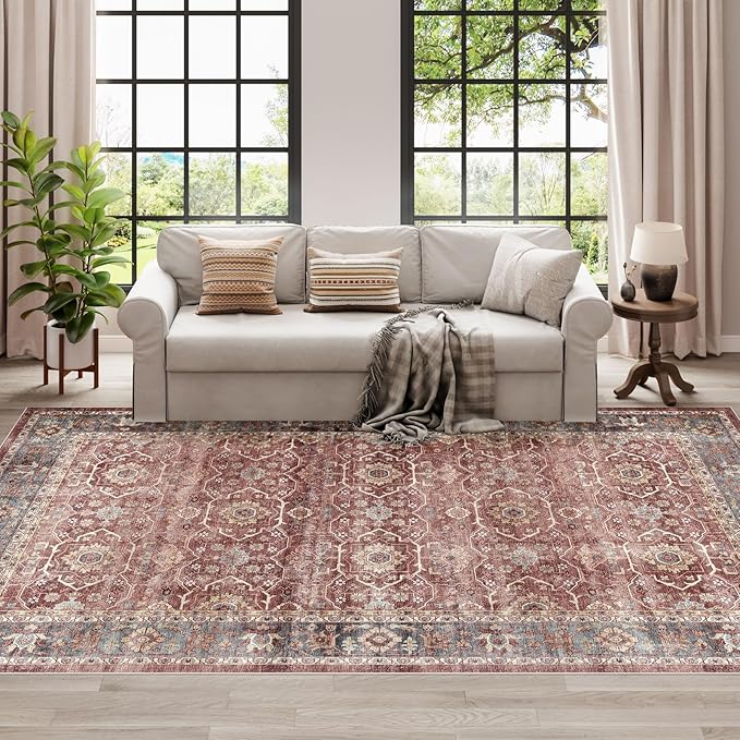 Dripex Vintage Washable Area Rug - 5x8 Distressed Rugs for Living Room Bedroom Oriental Medallion Floral Print Carpet Low-Pile Indoor Soft Non-Slip Accent Rug Farmhouse Office Home Decor