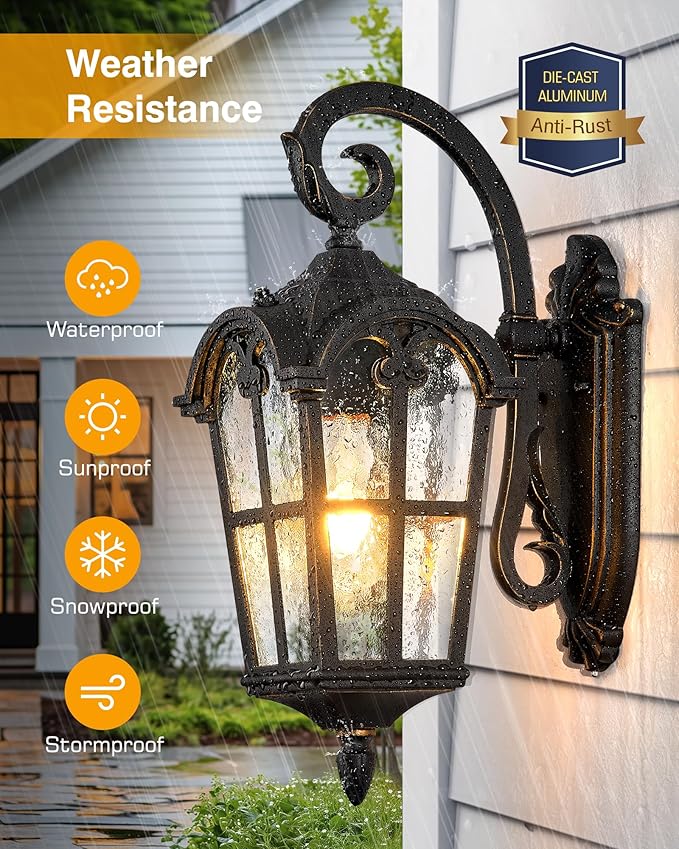 VIANIS Outdoor Lights for House, Black Dusk to Dawn Outdoor Lights with Gold Trim, 2-Pack Modern Outside Wall Light, Coach Lighting for Garage with Ripple Glass, Aluminum Waterproof and Anti-Rust