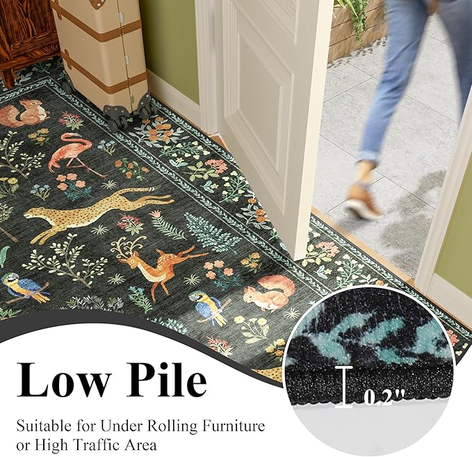 DUKINO 2x6 Rug for Hallway, Washable Kitchen Runner Rug with Non Slip Backing, Soft Low Pile Vintage Animal Runner for Bedroom, Kitchen, Hallway, Entryway, Laundry, Black