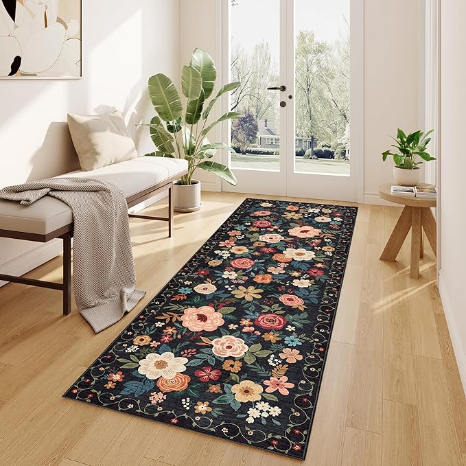 DUKINO 2x6 Runner Rug for Hallway, Washable Kitchen Runner Rug with Non Slip Backing, Low Pile Soft Boho Floral Runner for Kitchen, Hallway, Entryway, Laundry, Bedroom, Black