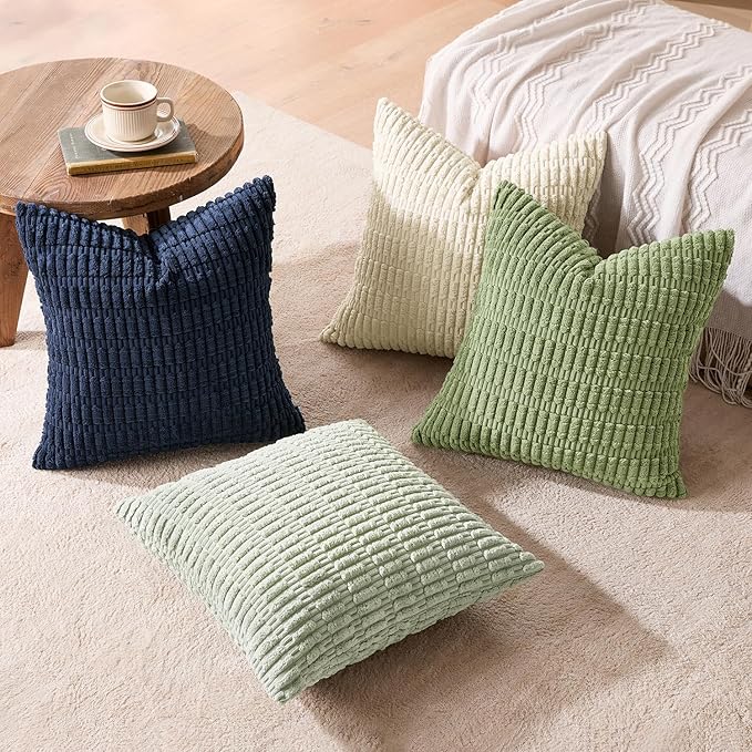 MIULEE Soft Corduroy Throw Pillow Covers Set of 4 Green Blue 18x18 Inch Modern Farmhouse Boho Decorative Accent Cushion Covers for Couch Sofa Bedroom