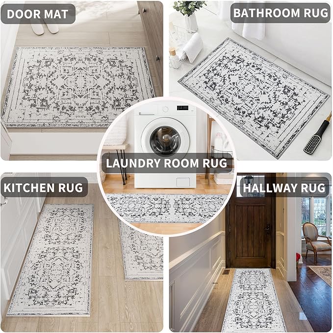 Vintage Runner Rug Non Slip for Hallway Bathroom Kitchen 2x10 ft, Ultra Soft Boho Carpet Runner with Low Pile Design Machine Washable Runner Rugs for Entryway Laundry Living Room (Black)