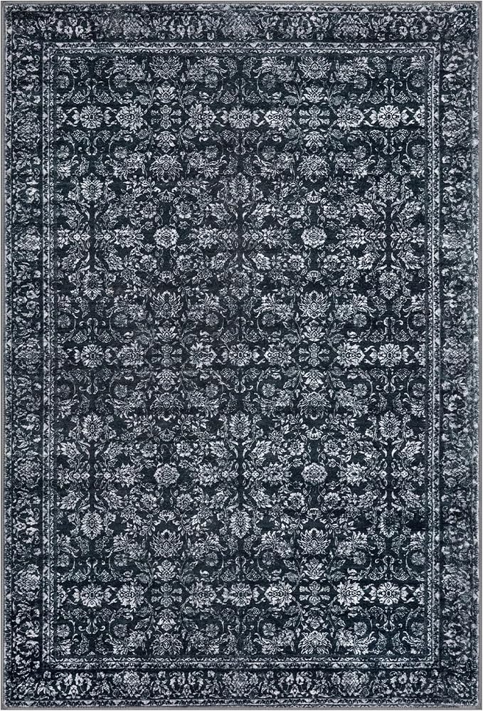 2x3 Washable Area Rug for Entryway, Black Non-Slip Soft Indoor Door Mat Distressed Floral Low-Pile Kitchen Rugs, Neutral Vintage Carpet for Entrance Farmhouse