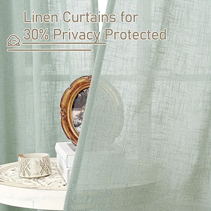LAMIT 54 Inch Semi Sheer Window Linen Curtains, Light Filtering Panels Back Tab and Rod Pocket Neutral Drapes for Bedroom/Living Room, Light Sage, 2 Panels, 34 x 54 Inch