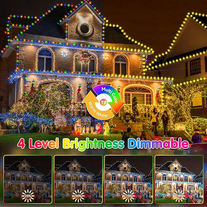 KNONEW Christmas Lights Outdoor 300 LED 99FT Green Wire Color Changing String Lights with 11 Modes & Timer Dimmable Fairy Light for Xmas Tree Roof Yard Wedding Decorations(Warm White to Multicolor)