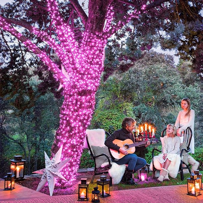 Pink Christmas Lights Outdoor, 100FT 300 LED Christmas Tree Lights with 8 Modes Waterproof, Plug in Connectable Christmas String Lights Green Wire for Indoor Patio Garden Xmas Love Party Decorations