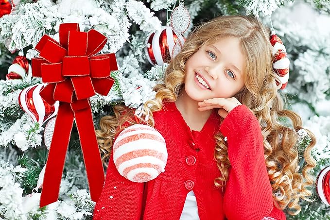 3pcs Red Velvet Ribbon Christmas Bows with Golden Wire, Handmade(26"x 12") Wired Large Ribbons, Thanksgiving/Christmas Tree Topper, Garland/Wreath, Tree Topper Decor