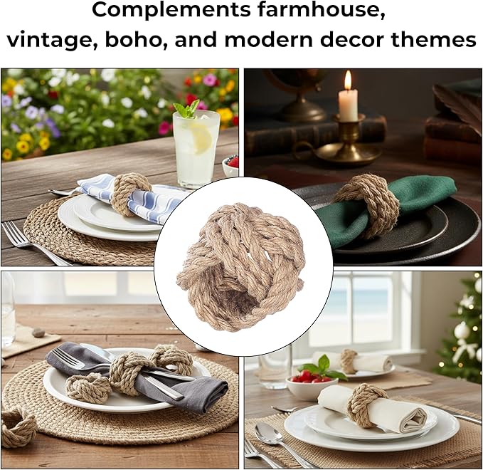ALPHA Living HOME Woven Napkin Rings Set of 6 - Nautical Napkin Ring Premium 100% Jute Napkin Rings Table Decor with Rustic Charm for Harvest, Thanksgiving, Christmas, Parties & Dining(Brown)