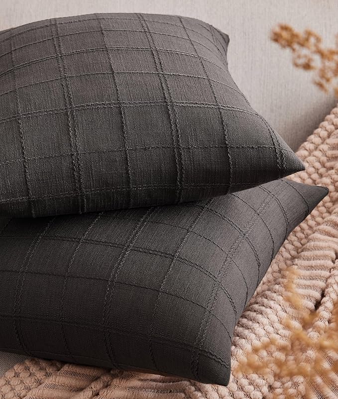 ZeeMart Linen Checked Throw Pillow Covers Set of 2, 18x18 Inch Allover Grid Charcoal, Farmhouse Decorative Double Sided Grid Embroidered Couch Pillow Cases Grey Cotton Linen Cushion Covers