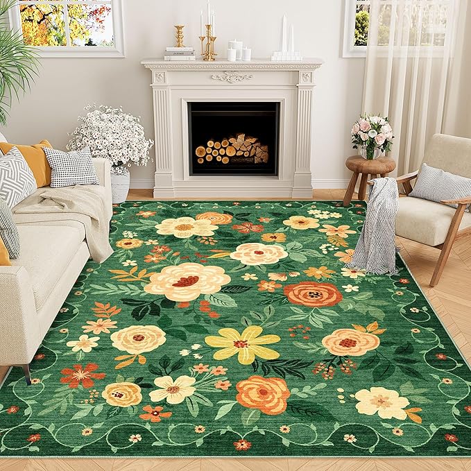 DUKINO 6x9 Area Rug, Floral Rugs for Living Room, Lightweight Non Slip Washable Rug, Indoor Low Pile & Non-Shedding Boho Design Rugs for Bedroom, Living Room, Dining Room, Dark Green