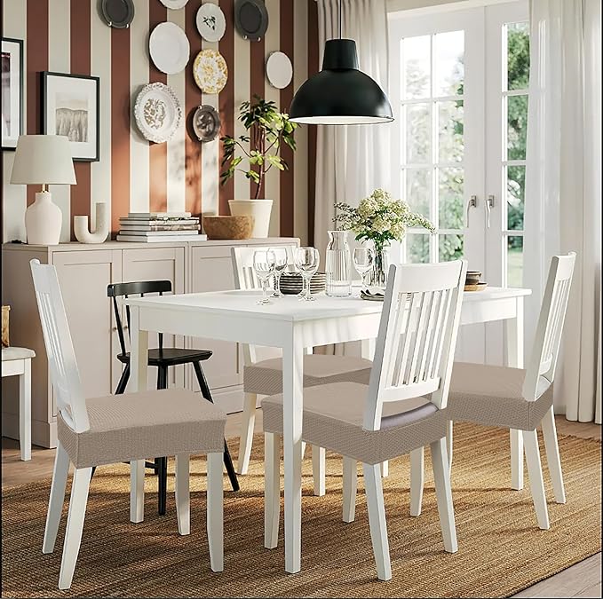 Smiry Stretch Jacquard Seat Covers for Dining Room Chairs Set of 4, Removable Washable Chair Seat Protector Slipcovers, No Rear Covers, Taupe