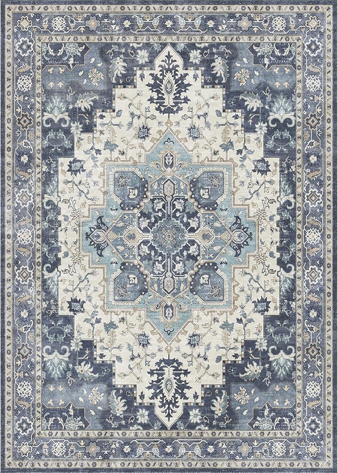 GENIMO 2x10 Runner Rugs for Hallway, Machine Washable Non Slip Vintage Rugs, Low Pile Lightweight Soft Print Rug for enrtyway, Corridor, Home Office, Kitchen, Center Blue