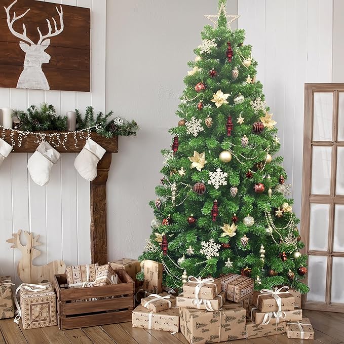 ITART 101pcs Christmas Tree Ornaments Assortment Burgundy Brown Champagne Gold Including Star Tree Topper Balls Nutcracker Figurines Snowflakes Poinsettia Flowers Bead Garland for Christmas Tree Decor