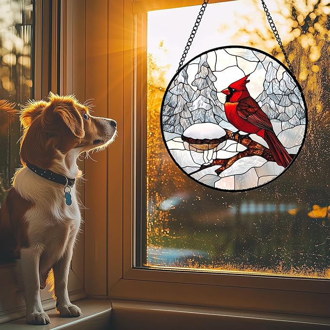 Stained Glass Window Hanging Cardinal Bird Winter Snow Scene Large 15" - Suncatcher Door Garden Sunroom Sun Catcher Home Decor Birthday Christmas for Mom Men Woman Nana