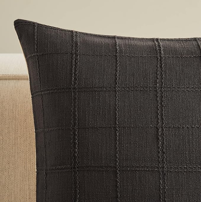 ZeeMart Linen Checked Throw Pillow Covers Set of 2, 20x20 Inch Charcoal/Cream, Farmhouse Decorative Single Sided Grid Embroidered Couch Pillow Cases Dark Grey Cotton Linen Cushion Covers