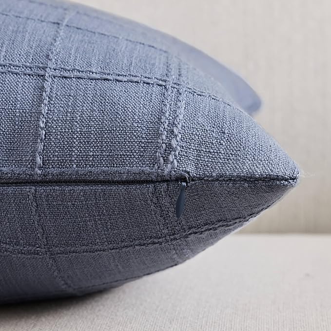 ZeeMart Linen Checked Throw Pillow Covers Set of 2, 16x16 Inch Allover Grid Blue, Farmhouse Decorative Double Sided Grid Embroidered Couch Pillow Cases Blue Cotton Linen Cushion Covers