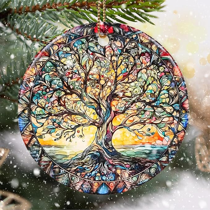 Stained Ceramic Tree of Life Ornament - Christmas Decorations for Office, Room, Home - Holiday Present Ideas