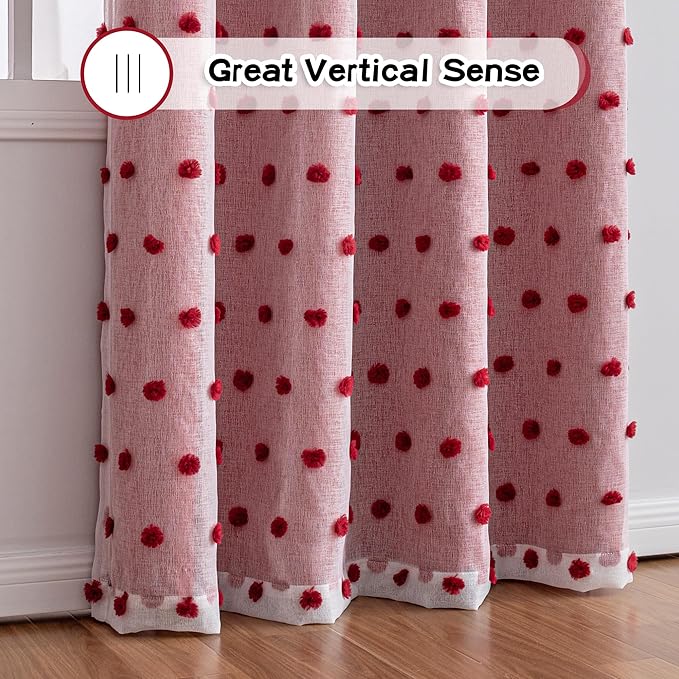 MYSKY HOME Red Christmas Blackout Curtains for Living Room 84 Inches Long with Pom Pom Sheer Nursery Curtains Girl Room Darkening Double Layer Window Drapes Grommet, 52 x 84 in, 2 Pieces