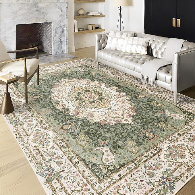 Casrage 6x9 Area Rugs Washable,Green Rug for Living Room Bedroom Kitchen,Large Boho Vintage Bohemian Distressed Carpet Non Slip,Floral